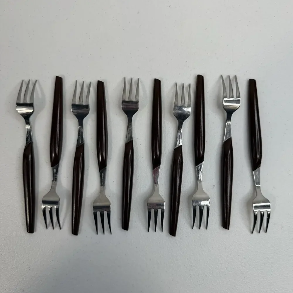 Eldan ELD2-BROWN Set‎ Of 10 Cocktail Forks Mid Century Modern Flatware Stainless